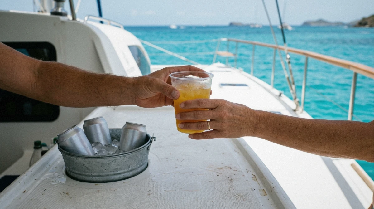 Cans of drinks and snacks packed for a BYOB-friendly boat tour on Oahu, viewed from a Kewalo Basin catamaran deck, Hawaii