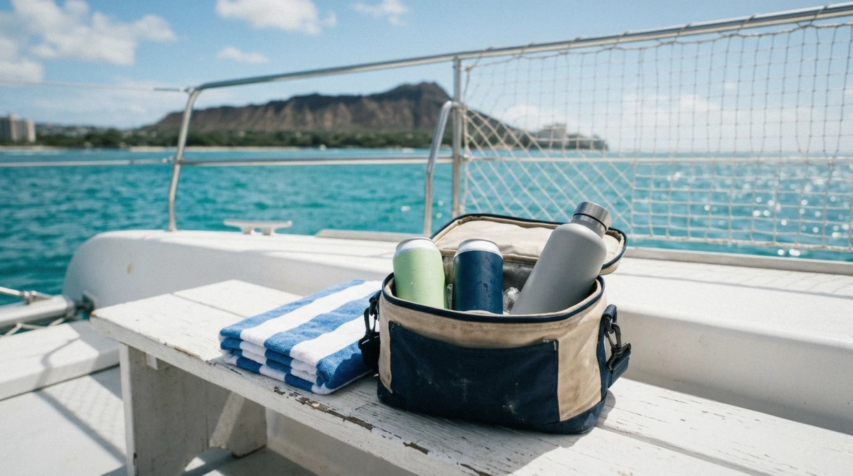 A cooler and canned drinks packed for a BYOB boat tour in Oahu on a Kewalo Basin dock, Honolulu, Hawaii