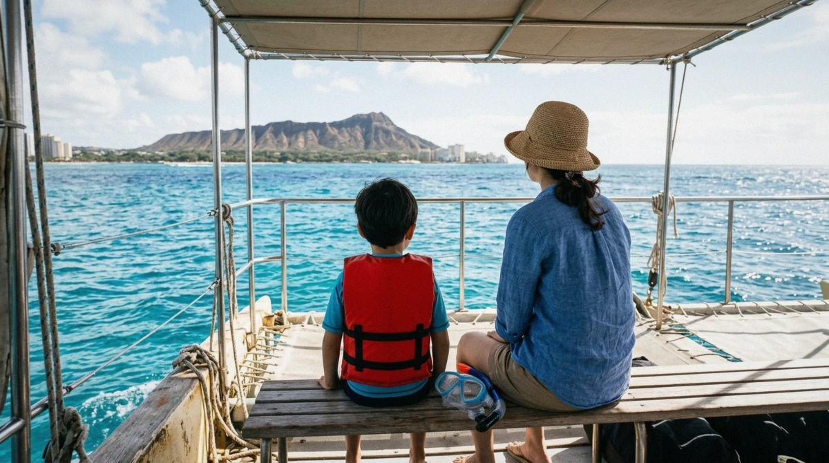 A child watching the crew from the deck during an Oahu boat tour with kids near Kewalo Basin, Honolulu