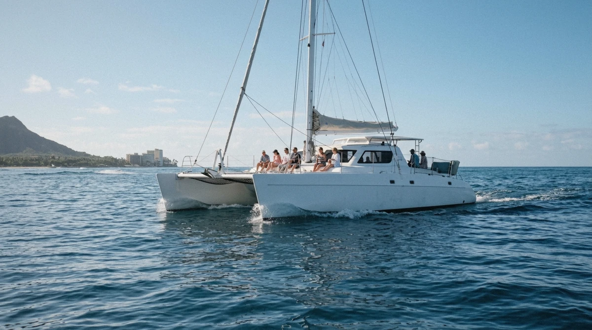 A catamaran's twin hulls riding flat on calm morning water on an Oahu boat tour off Kewalo Basin, Honolulu