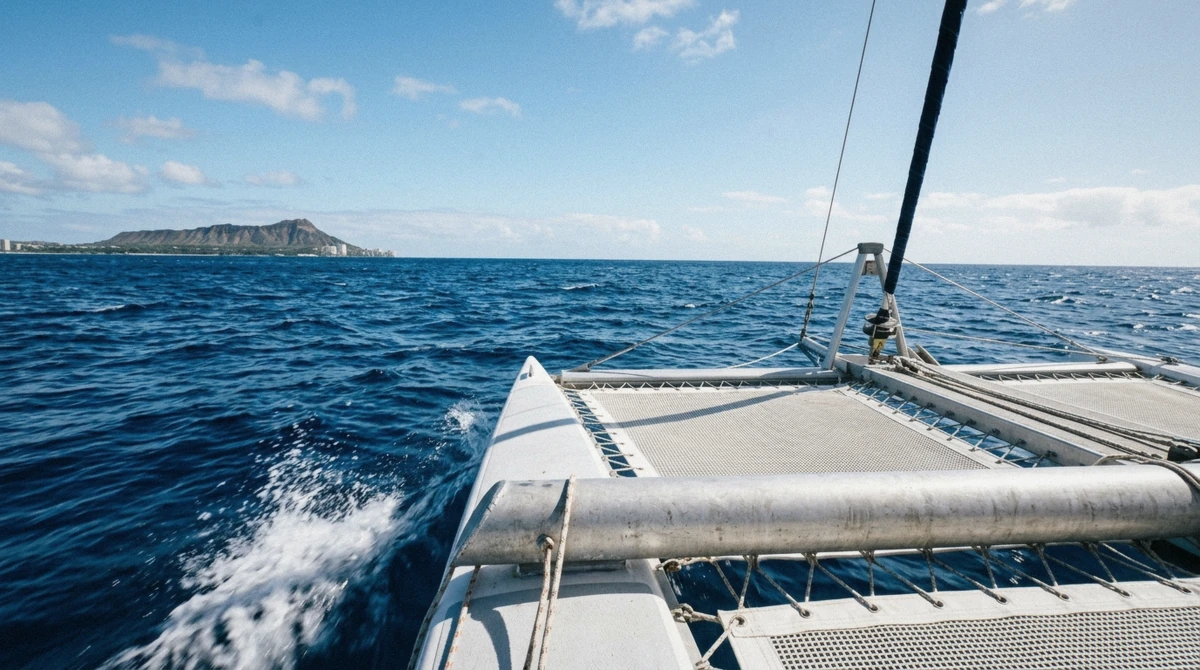 A traveler on the open deck watching the horizon to avoid seasickness during an Oahu whale-watch boat tour