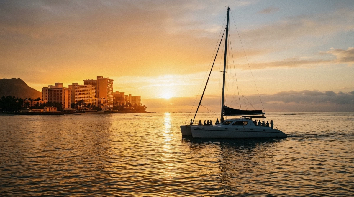 Catamaran sailing off Waikiki at golden hour on an Oahu sunset cruise, Honolulu, Hawaii