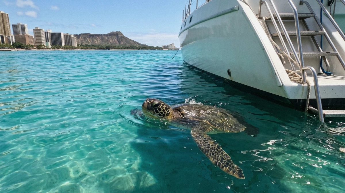 A green sea turtle surfacing to breathe beside a moored catamaran at Turtle Canyon, Oahu, with Diamond Head behind