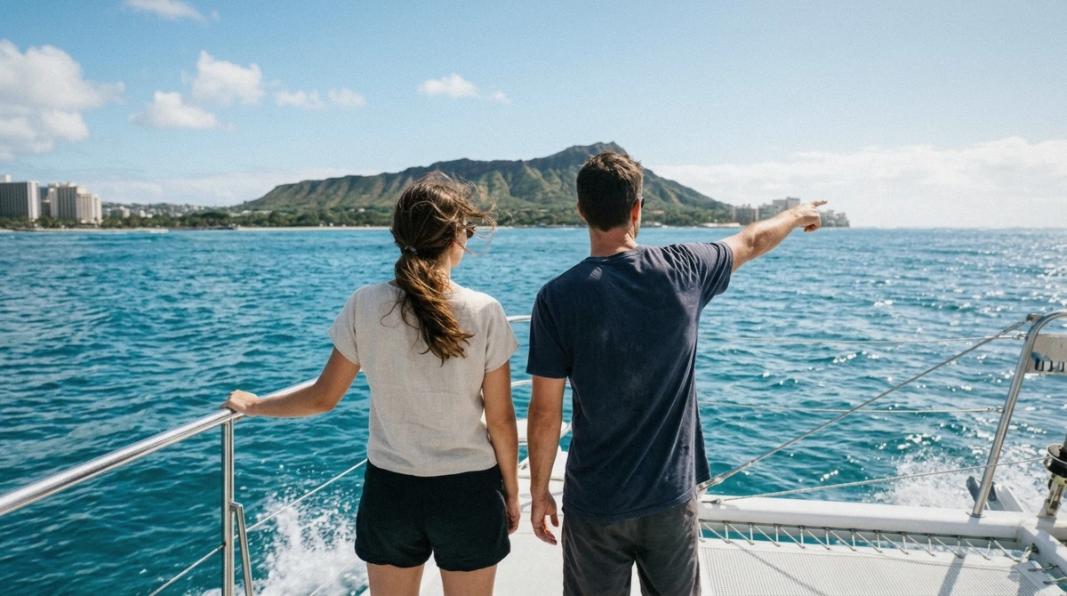Snorkelers in the water beside a catamaran checking whether an Oahu boat tour to Turtle Canyon is worth it, Honolulu, Hawaii