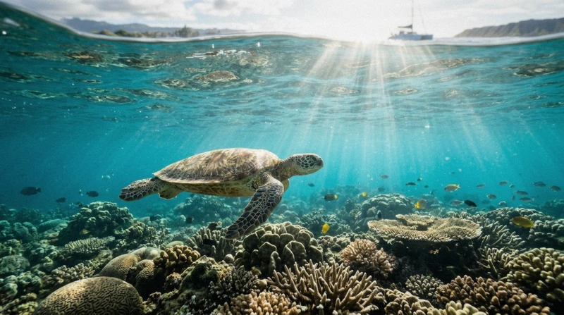 Snorkelers watching a green sea turtle at Turtle Canyon on an Oahu boat tour catamaran from Kewalo Basin, Hawaii